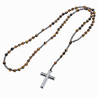 Collier de prière en perles d'œil de tigre noir et d'hématite pour homme, perles de pierre de 6 mm, longue chaîne, pendentif croix pour bijoux religieux