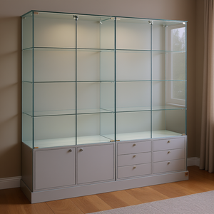 Vitrine de 185 cm de large et 180 cm de haut, gris clair, portes en verre trempé avec étagères et tiroirs - Product Image 3