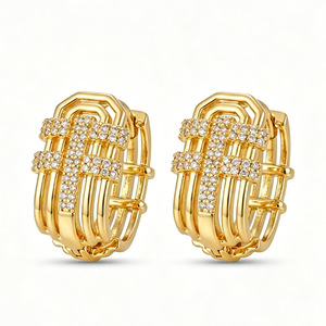 Boucles d'oreilles manchette géométriques en alliage de cuivre incrustées de zircon blanc couleur K, bijoux de mode de luxe léger - Product Image 4