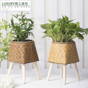 Nordic Style Imitation Rattan Flower <b>Pot</b> <b>Stand</b> Square Plastic Wood Indoor Desktop Planter For Flower Green Plant Decoration - Product Image 5