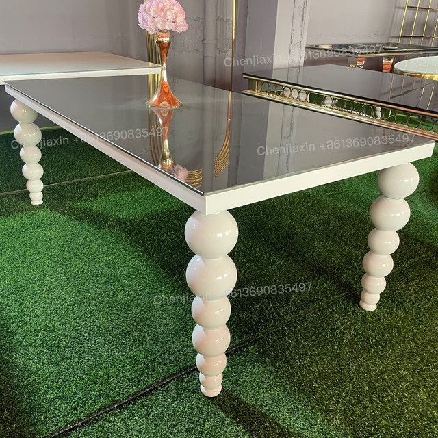 2025 New Design Customize Modern Luxury Stacking Ball Foot Rectangular Glass Stainless Steel Wedding Event Dining Cake Table
