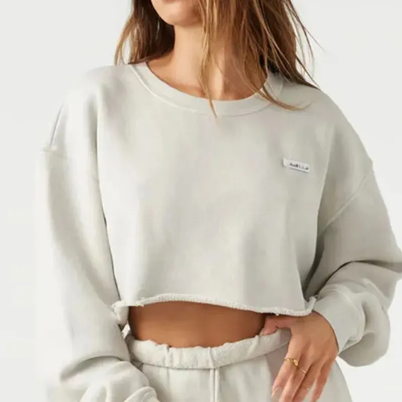 Moletom de gola redonda para mulheres, moletom de algodão orgânico com logotipo personalizado, blusa cortada feminina casual de manga comprida de alta qualidade
