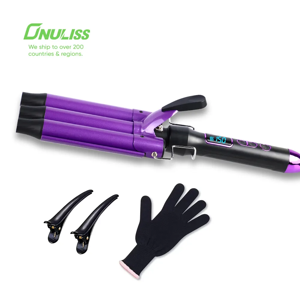 Portable Hair Waver Heats Up Quickly 3 Barrel Curling Iron Wand Hair Crimper with LCD Temp Display