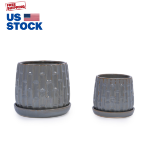 กระถางดอกไม้เซรามิก MDJ ชุด 2 ใบ สีเทา กระถางต้นไม้กลางแจ้งในร่มทรงกลม สไตล์มินิมอลทันสมัย สำหรับใช้ในสวนและบ้าน - Product Image 1