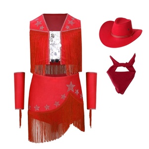 Ensemble de costume de danse western pour filles de 6 à 16 ans : chapeau de cowboy latin, bandana, gilet à franges, jupe, étoile en strass – Personnalisable - Product Image 5