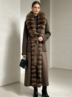 Manteau long en cachemire et laine mélangée Janveny de luxe pour femme avec grand col en vraie fourrure de renard, manches tricotées, coupe ajustée et élégante