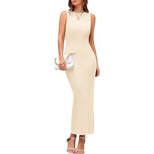 Robe longue moulante sans manches en tricot côtelé pour femme PrettYGarden, col montant, décontractée, pour l'été, la plage et les vacances - Product Image 1