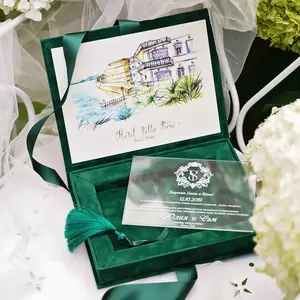 Caja de tapa dura de terciopelo verde de lujo, de acrílico transparente invitaciones de boda, tarjetas de boda de Color personalizado para bautizo