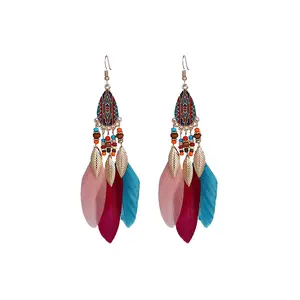 FF2489 Wholesales Bohemian Tassel Long Drop Dangle Earring Women Dream Catcher Faux Feather Earring