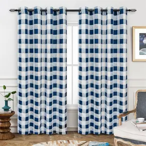 Checker Pattern Lined Thermal Insulated Room Darkening Grommet Window Curtains Gingham Plaid Navy Room Decor Blackout Curtains