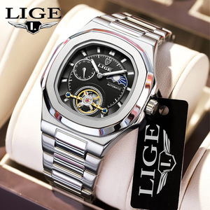 Reloj mecánico LIGE para hombre, correa de acero inoxidable, resistente al agua, 10 bar, plateado y negro - Product Image 6