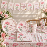 Articles pour la fête des mères : Assiettes, gobelets, serviettes, nappe, bannière décorative à motif de carnations roses, ensembles de vaisselle jetable pour la fête des mères
