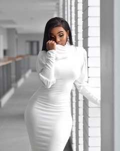 Gaun gaya Eropa dan Amerika Serikat, gaun musim gugur lengan panjang warna polos klasik baru, gaun kerah tinggi lengan lampion baru - Product Image 3