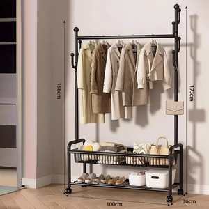 Perchero de pie metálico <span class=keywords><strong>simple</strong></span>, móvil, para dormitorio, con estante para sombreros, para almacenamiento de ropa, doble o individual, para exhibición de ropa, zapatos y baño - Product Image 3