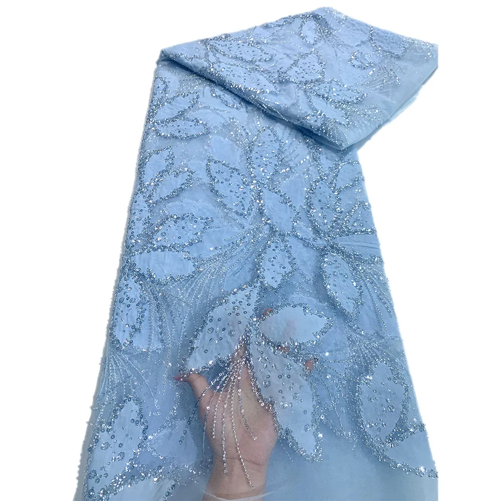 NI.AI tissu de dentelle en mousseline de soie bleu clair avec perles tissu africain tissu de dentelle nigériane pour robe de mariée LY3507