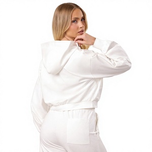 Women <b>White</b> <b>Tracksuit</b> Full Sleeve Solid Color Casual Zipper Front Loose Fit Sweatshirt With Side Pockets Spring Wear - Product Image 4