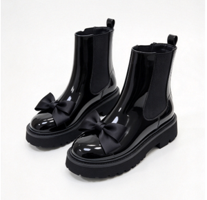 <b>Women</b> <b>Black</b> <b>Patent</b> Leather Chelsea Boots Platform Round Toe Slip on Ankle <b>Shoes</b> Waterproof PVC Rain Booties - Product Image 2