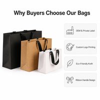 Sacs shopping en papier personnalisés avec poignées en ruban, sacs cadeaux kraft noir, blanc, marron, vente en gros, emballage OEM, emballage de détail