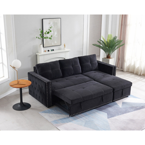 Sofá eccional con cama extraíble, sofá de <span class=keywords><strong>2</strong></span> asientos y chaise reversible con almacenamiento, ambas manos con clavo de cobre, BLCK - Product Image 5