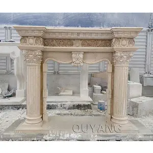 QUYANG Modern Mewah Berdiri Bebas Granit Kolom Romawi Perapian Perancis Surround Marmer Mantel Dekorasi Rumah