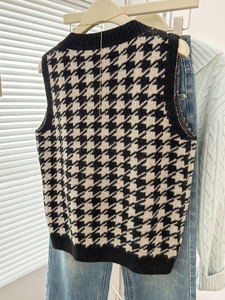 Chaleco de punto sin mangas con cuello en V y estampado de pata de gallo para mujer, estilo vintage, para otoño e invierno, ideal para capas, venta al por mayor - Product Image 2