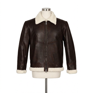Blouson Aviateur Homme en Cuir Véritable avec Doublure en Fausse Fourrure, Fermeture Éclair, Imperméable, Respirant, Style Moto Hiver, Épais et Chaud - Product Image 1