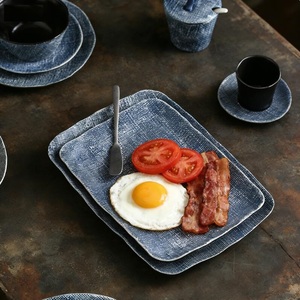 Modern Cartoon <b>Dinnerware</b> <b>Sets</b> Nordic Denim Textured Tableware Creative Salad Bowl Dinner Plates Blue Ceramic Dishwasher Safe - Product Image 4