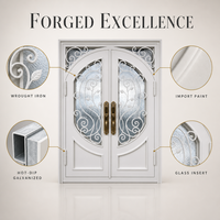 DMJ-TS004 Porte double en fer forgé blanc français à motif de vigne cintrée, avec verre ondulé, pour entrée de villa, personnalisable
