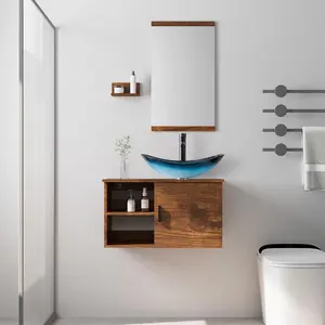 28" Wall Mounted Bathroom Vanity Wood Grain Surface Bathroom Vanity Vanity With Mirror Wash Basin For Hotel Bathroom
