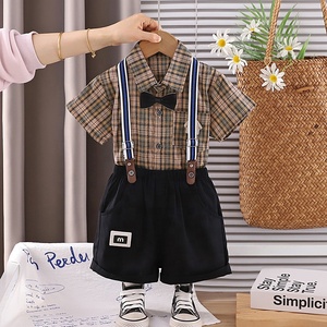 Conjunto de Dos Piezas para Niños, Camisa <span class=keywords><strong>a</strong></span> Cuadros de Manga Corta y Pantalones Cortos con Tirantes, Estilo Casual de Verano - Product Image 3