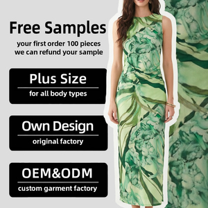 Robe longue élégante verte à imprimé abstrait pour <span class=keywords><strong>femme</strong></span>, sans manches, col montant, grande taille, robe longue personnalisée OEM/ODM, robe chic d'été - Product Image 1