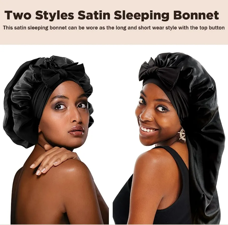 No Slip-Off Long Bonnets with Elastic Tie Band Adjustable Straps Jumbo Size Sleep Satin Bonnet for Women Long Braid Curly Hair