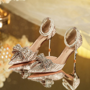 Zapatos de Tacón de Aguja con Punta Sólida y Adorno de Lazo de Pedrería, con Correa al Tobillo, para Novia, Cómodos, Calzado de Boda para Mujer, Forro de Satén - Product Image 1