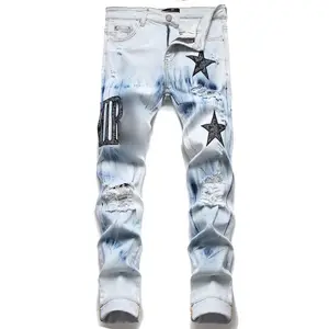 Pantalones vaqueros rasgados y bordados para hombre, pantalones ajustados elásticos con estrellas de cinco puntas, van con todo