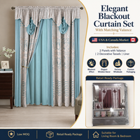 Lot de 2 rideaux de fenêtre complets avec cantonnière assortie, pompons décoratifs et doublure, rideaux de luxe pour salon