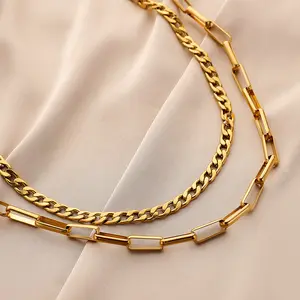 Nuoro colar de aço inoxidável, corrente dupla em camadas paperclip nk bijoux para mulheres e homens, colar de corrente de ligação cubana italiana