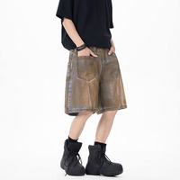 Short en jean rétro américain délavé à l'eau avec design réversible avant-arrière pour homme, coupe ample, idéal pour l'été