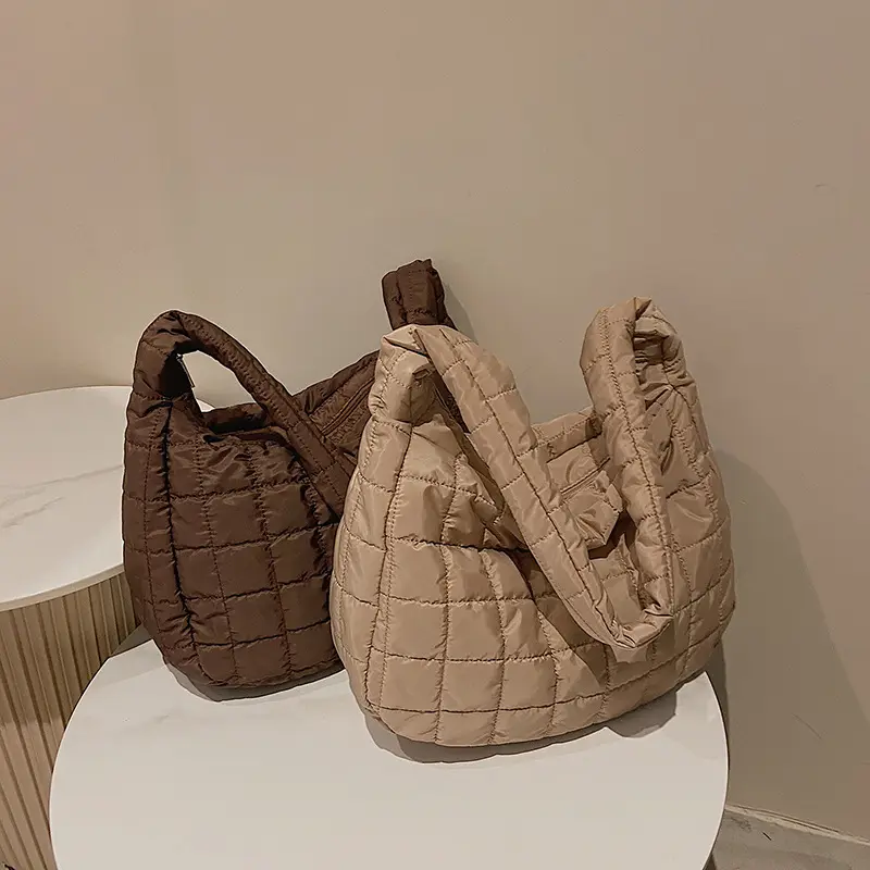 Custom logo down cotton padded large tote bags elegant bags women plaid handbags