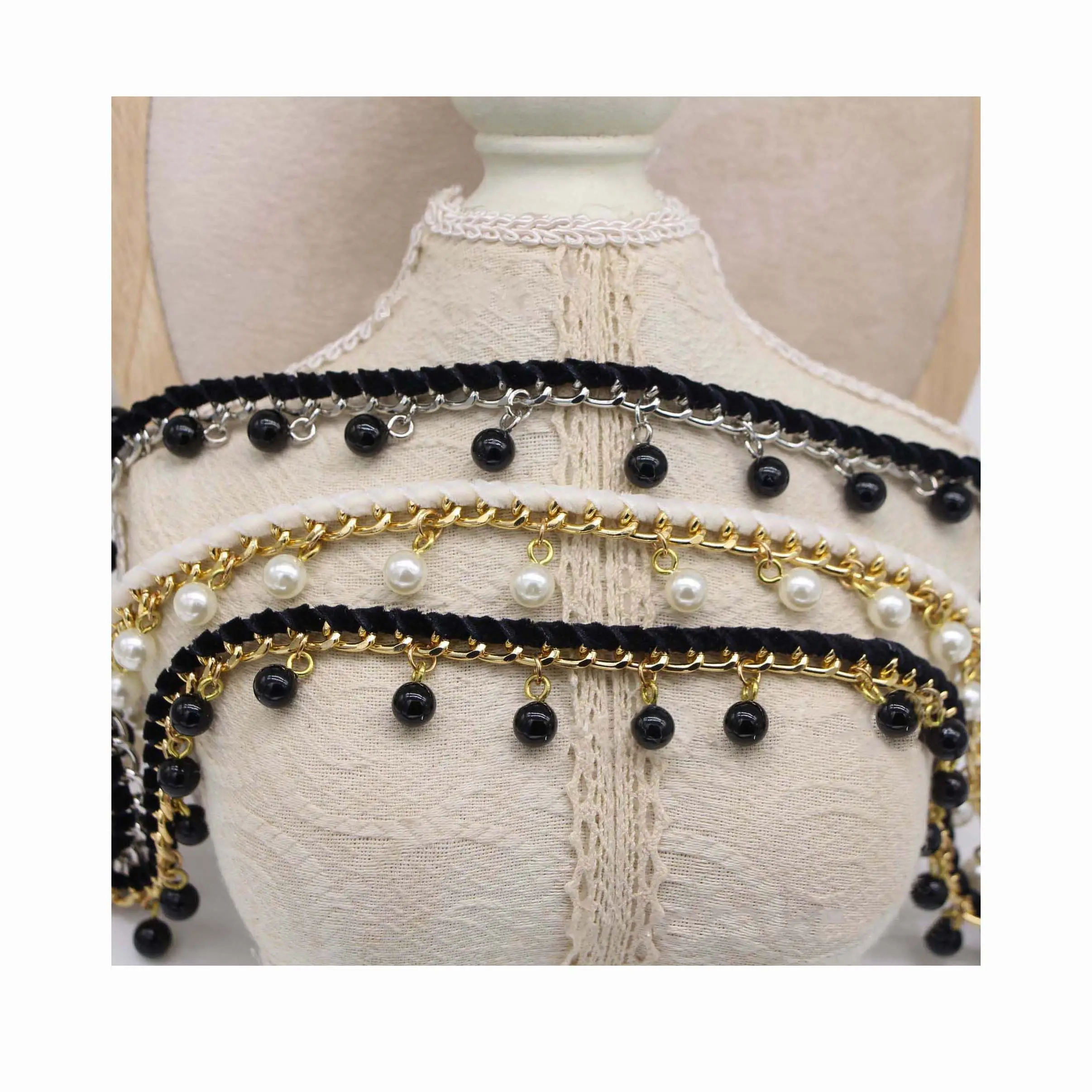 18mm bricolage vêtement fait à la main en métal dentelle sangle velours ceinture chaîne suspendus perles vêtements col manchette décoratif couture textile garniture