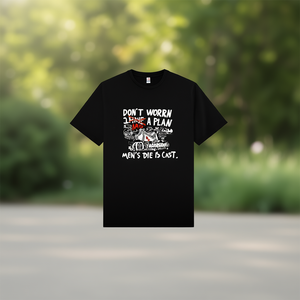 Non preoccuparti, ho un piano, maglietta da uomo Die Is Cast, maglietta promozionale unisex nera - Product Image 3