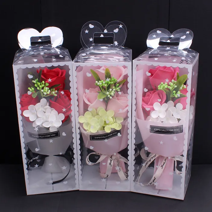 Ramo de flores de jabón rosa, caja de regalo de mano, regalo de cumpleaños, día de la madre, boda, 3 uds.