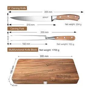 High End Muti-functional 3 PCS BBQ Knife Set Gift Box Set 8 Inch Carving Knife Carving Fork With Wooden Cutting Board