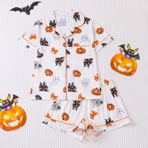 Set pigiama da <span class=keywords><strong>donna</strong></span> carino e femminile per Halloween, con stampa <span class=keywords><strong>casa</strong></span> infestata, zucca e fantasma, maglietta a maniche corte e pantaloncini con elastico in vita - Product Image 1
