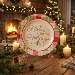 Plato Redondo <span class=keywords><strong>de</strong></span> Porcelana con Diseño Festivo a Cuadros, Plato Decorativo con <span class=keywords><strong>Letras</strong></span> Navideñas para Fiestas en Casa - Product Image 1