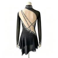 Robe de patinage sur glace noire scintillante avec strass, manches longues transparentes, pour enfants et adultes, compétition et spectacle