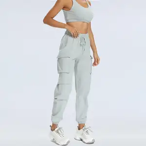 Pantaloni in vita con coulisse da donna di alta qualità a blocchi di colore personalizzati pantaloni sportivi da donna all'ingrosso cargo in poliestere jogger