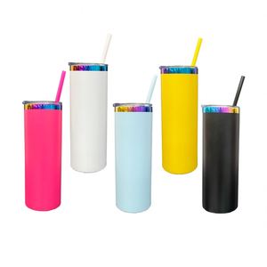 Gobelet droit et fin de 20 oz multicolores arc-en-ciel avec couvercle coulissant et paille pour gravure laser - Product Image 1