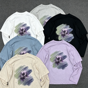 เสื้อยืดคอตตอนแขนยาวทรงหลวมพิมพ์ลายกราฟิกแบบดรอปโชว์เดอร์สำหรับผู้ชาย - Product Image 1
