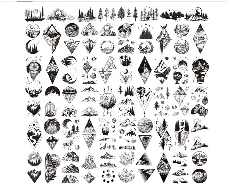 62 feuilles d'autocollants de tatouages temporaires de montagne, y compris des tatouages imperméables géométrie noire soleil étoile lune arbre Triangle