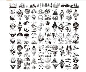 62 Fogli di Tatuaggi Temporanei con Motivi di Montagna, Inclusi Tatuaggi Impermeabili Neri con Geometrie, Sole, Stelle, Luna, Alberi, Triangoli - Product Image 1